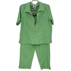 Quacker Factory 2‎ Pc Top Pant Set Linen Women L Green Zip  Fish Motif Coastal